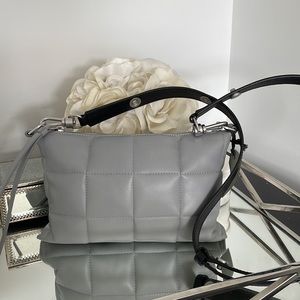 All Saints Quilted Leather Shoulder Bag in Light Gray with Black Strap